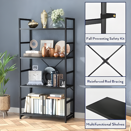 Standing Vintage Industrial Bookshelf Wood and Metal Frame Bookcase Shelves